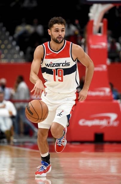 Raul Neto of the Washington Wizards handles the ball against the New York Knicks at Capital One Arena on October 09, 2021 in Washington, DC. NOTE TO...