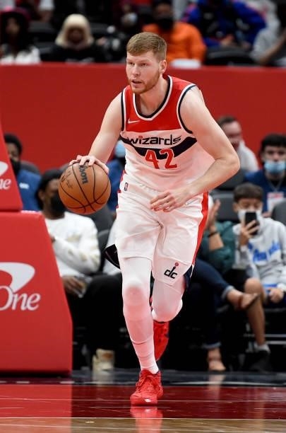 Davis Bertans of the Washington Wizards handles the ball against the New York Knicks at Capital One Arena on October 09, 2021 in Washington, DC. NOTE...