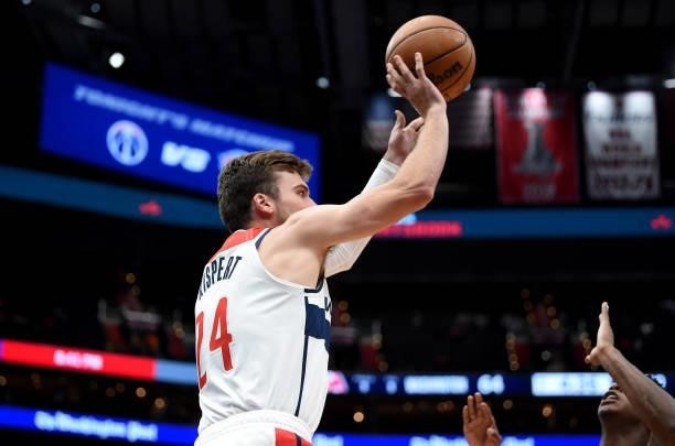 Corey Kispert of the Washington Wizards shoots the ball against the New York Knicks at Capital One Arena on October 09, 2021 in Washington, DC. NOTE...