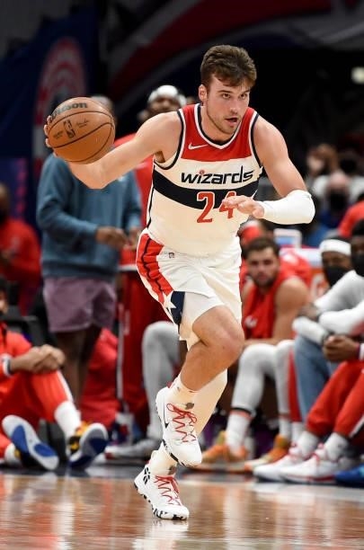 Corey Kispert of the Washington Wizards handles the ball against the New York Knicks at Capital One Arena on October 09, 2021 in Washington, DC. NOTE...