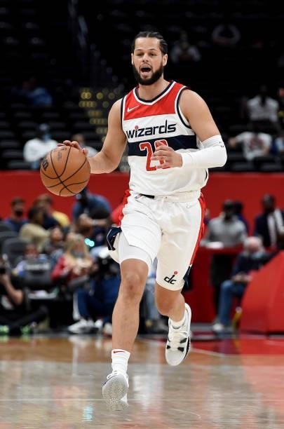 Jordan Schakel of the Washington Wizards handles the ball against the New York Knicks at Capital One Arena on October 09, 2021 in Washington, DC....