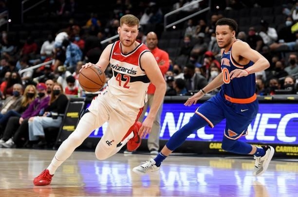 Davis Bertans of the Washington Wizards handles the ball against the New York Knicks at Capital One Arena on October 09, 2021 in Washington, DC. NOTE...