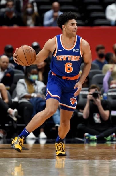 Quentin Grimes of the New York Knicks handles the ball against the Washington Wizards at Capital One Arena on October 09, 2021 in Washington, DC....