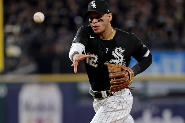 Cesar Hernandez of the Chicago White Sox throws to first in the eighth inning during game 3 of the American League Division Series against the...
