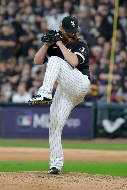 Craig Kimbrel of the Chicago White Sox pitches in the eighth inning during game 3 of the American League Division Series against the Houston Astros...