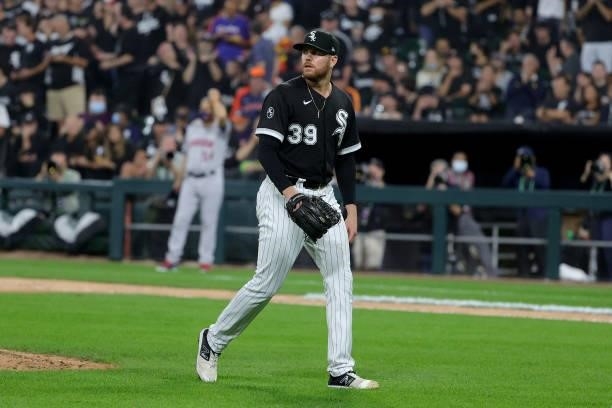 Aaron Bummer of the Chicago White Sox leaves the game in the eighth inning during game 3 of the American League Division Series against the Houston...