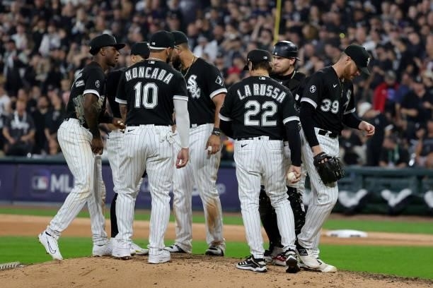 Aaron Bummer of the Chicago White Sox leaves the game in the eighth inning during game 3 of the American League Division Series against the Houston...