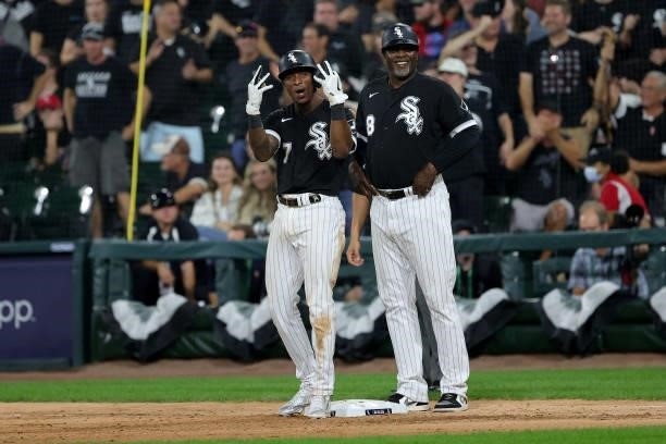 Tim Anderson of the Chicago White Sox celebrates an RBI single in the eighth inning during game 3 of the American League Division Series against the...
