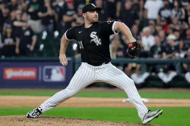 Liam Hendriks of the Chicago White Sox pitches in the ninth during game 3 of the American League Division Series against the Houston Astros at...