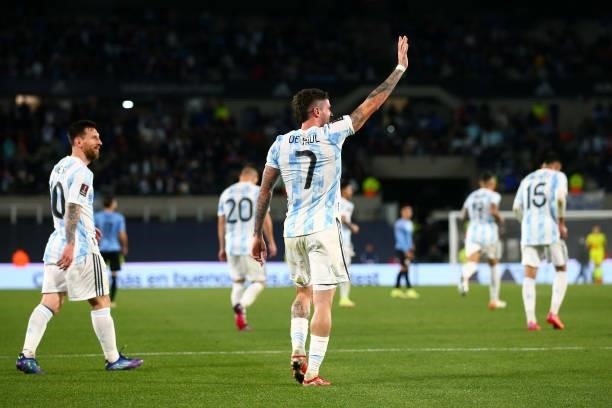 Rodrigo De Paul of Argentina celebrates after scoring the second goal of his team during a match between Argentina and Uruguay as part of South...