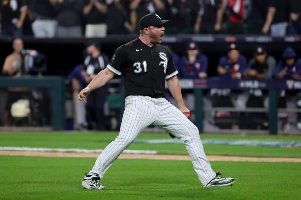 Liam Hendriks of the Chicago White Sox reacts after a win over the Houston Astros in game 3 of the American League Division Series at Guaranteed Rate...