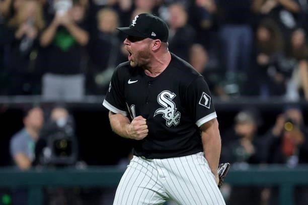 Liam Hendriks of the Chicago White Sox reacts after a win over the Houston Astros in game 3 of the American League Division Series at Guaranteed Rate...