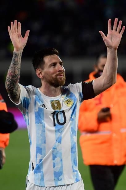 Lionel Messi of Argentina greets fans after a match between Argentina and Uruguay as part of South American Qualifiers for Qatar 2022 at Estadio...