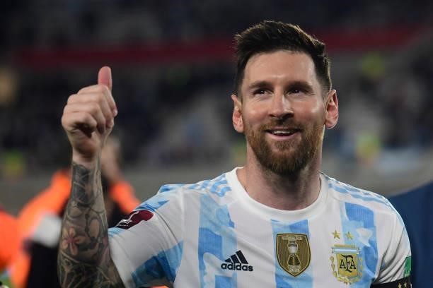 Lionel Messi of Argentina greets fans after a match between Argentina and Uruguay as part of South American Qualifiers for Qatar 2022 at Estadio...