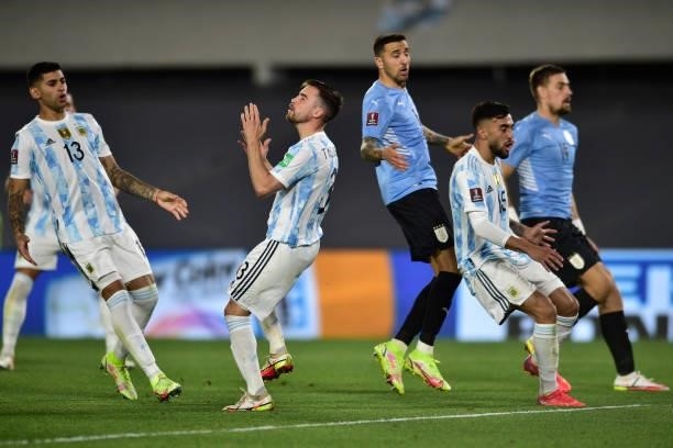 Nicolas Tagliafico of Argentina reacts after missing a chance to score during a match between Argentina and Uruguay as part of South American...