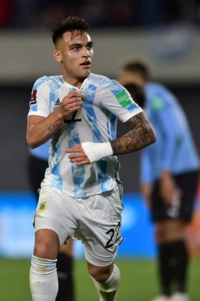 Lautaro Martinez of Argentina celebrates scoring his side's third goal during a match between Argentina and Uruguay as part of South American...