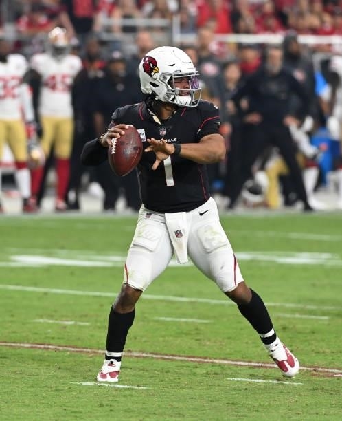 Kyler Murray of the Arizona Cardinals looks to throw the ball against the San Francisco 49ers at State Farm Stadium on October 10, 2021 in Glendale,...