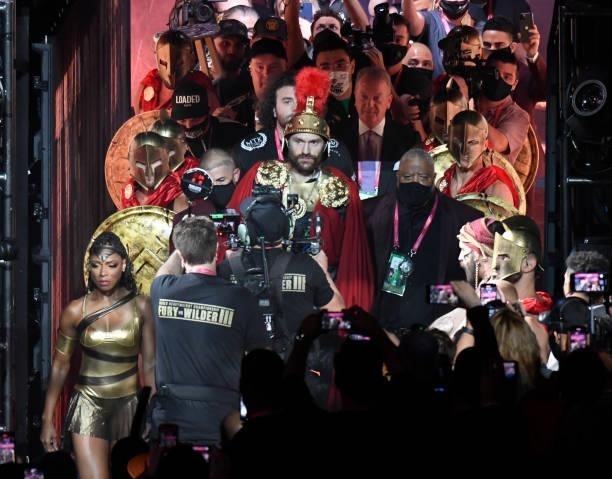 Tyson Fury makes his entrance into the ring for his 3rd fight with Deontay Wilder for the World Heavyweight Championship III trilogy fight at...