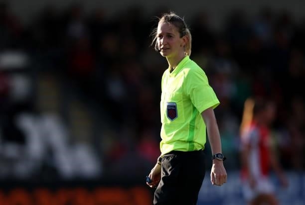 Referee Helen Conley looks on during the Barclays FA Women's Super League match between Arsenal Women and Everton Women at Meadow Park on October 10,...