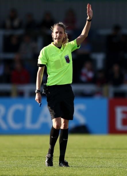 Referee Helen Conley looks on during the Barclays FA Women's Super League match between Arsenal Women and Everton Women at Meadow Park on October 10,...