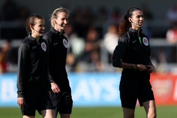 Referee Helen Conley with assistants Ceri Williams and Jade Wardle prior to the Barclays FA Women's Super League match between Arsenal Women and...