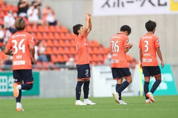 Seiya NAKANO of Omiya Ardija celebrates scoring his side's second goal with his teammate during the J.League Meiji Yasuda J2 33rd Sec. Match between...