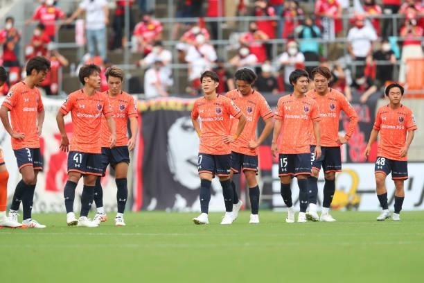 Omiya Ardija players react after their 2-2 draw in the J.League Meiji Yasuda J2 33rd Sec. Match between Omiya Ardija and Zweigen Kanazawa at NACK5...