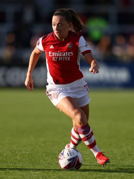 Katie McCabe of Arsenal runs with the ball during the Barclays FA Women's Super League match between Arsenal Women and Everton Women at Meadow Park...