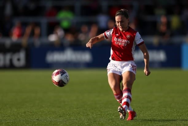 Katie McCabe of Arsenal passes the ball during the Barclays FA Women's Super League match between Arsenal Women and Everton Women at Meadow Park on...