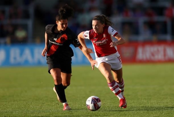 Katie McCabe of Arsenal gets away from Valerie Gauvin of Everton during the Barclays FA Women's Super League match between Arsenal Women and Everton...