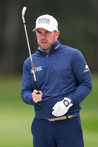 Richie Ramsay of Scotland studies his shot during Day Four of The Open de Espana at Club de Campo Villa de Madrid on October 10, 2021 in Madrid,...