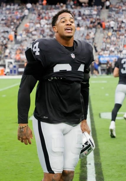 Safety Johnathan Abram of the Las Vegas Raiders warms up before a game against the Chicago Bears at Allegiant Stadium on October 10, 2021 in Las...