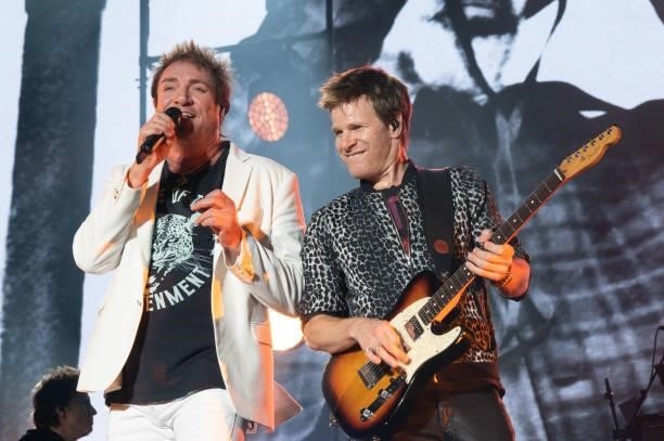 Singer Simon Le Bon and touring guitarist Dominic Brown of Duran Duran perform live on stage during Austin City Limits Festival at Zilker Park on...