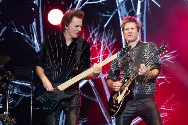 Bassist John Taylor and touring guitarist Dominic Brown of Duran Duran perform live on stage during Austin City Limits Festival at Zilker Park on...
