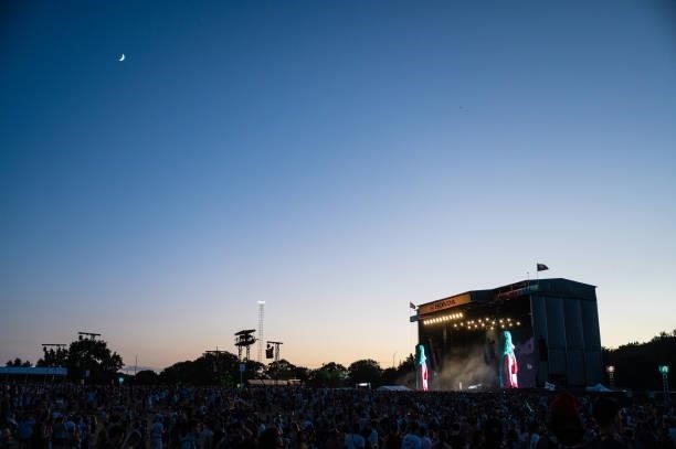 Crescent moon rises over the Honda stage during Austin City Limits Festival at Zilker Park on October 10, 2021 in Austin, Texas.