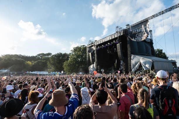 Crowd dances while Chris Lake performs live on stage during Austin City Limits Festival at Zilker Park on October 10, 2021 in Austin, Texas.