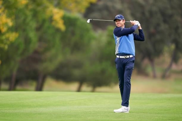 Steven Brown of England plays a shot during Day Four of The Open de Espana at Club de Campo Villa de Madrid on October 10, 2021 in Madrid, Spain.