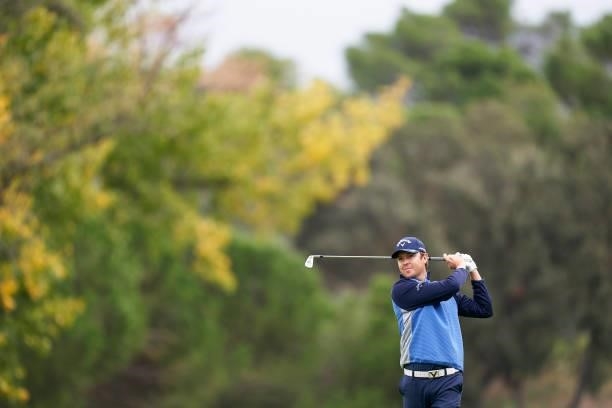 Steven Brown of England plays a shot during Day Four of The Open de Espana at Club de Campo Villa de Madrid on October 10, 2021 in Madrid, Spain.