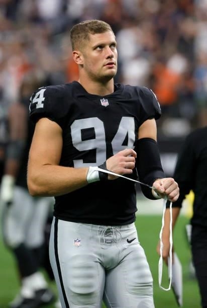 Defensive end Carl Nassib of the Las Vegas Raiders walks off the field after the team's 20-9 loss to the Chicago Bears at Allegiant Stadium on...