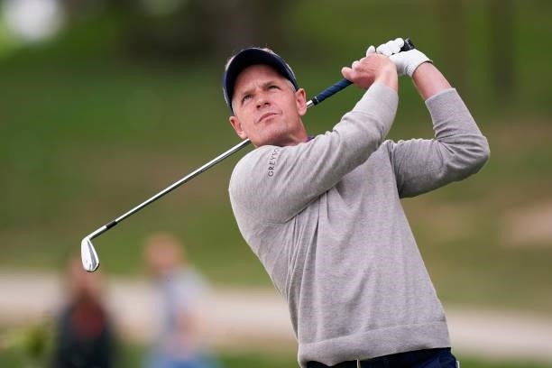 Luke Donald of England plays a shot during Day Four of The Open de Espana at Club de Campo Villa de Madrid on October 10, 2021 in Madrid, Spain.