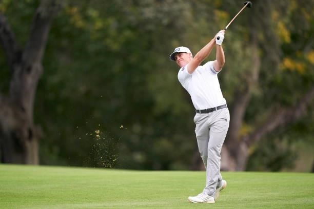 Calum Hill of Scotland plays a shot during Day Four of The Open de Espana at Club de Campo Villa de Madrid on October 10, 2021 in Madrid, Spain.