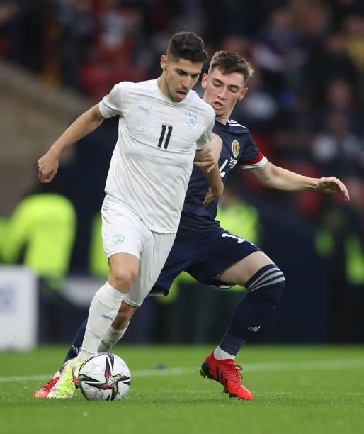 Manor Solomon of Israel vies with Billy Gilmour of Scotland during the 2022 FIFA World Cup Qualifier match between Scotland and Israel at Hampden...