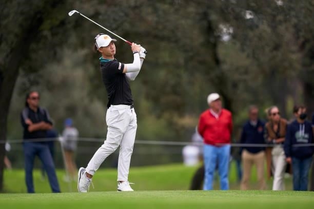 Jazz Janewattananond of Thailand plays a shot during Day Four of The Open de Espana at Club de Campo Villa de Madrid on October 10, 2021 in Madrid,...