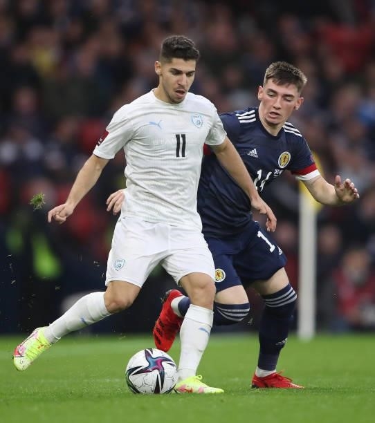 Manor Solomon of Israel vies with Billy Gilmour of Scotland during the 2022 FIFA World Cup Qualifier match between Scotland and Israel at Hampden...