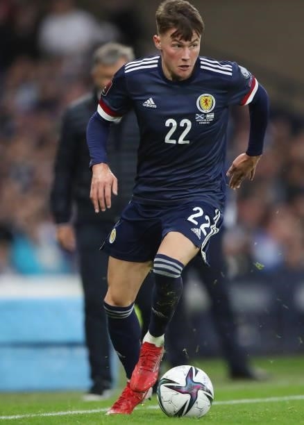 Nathan Patterson of Sxcotland controls the ball during the 2022 FIFA World Cup Qualifier match between Scotland and Israel at Hampden Park on October...