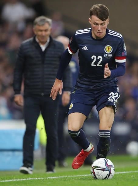 Nathan Patterson of Sxcotland controls the ball during the 2022 FIFA World Cup Qualifier match between Scotland and Israel at Hampden Park on October...
