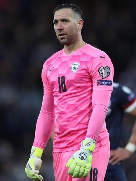 Ofir Marciano of Israel looks on during the 2022 FIFA World Cup Qualifier match between Scotland and Israel at Hampden Park on October 09, 2021 in...