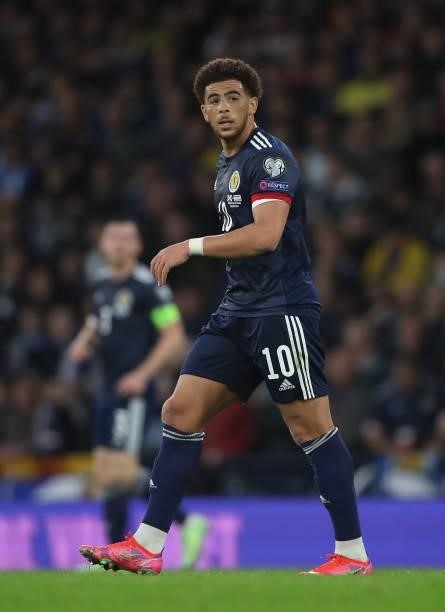Che Adams of Scotland is seen during the 2022 FIFA World Cup Qualifier match between Scotland and Israel at Hampden Park on October 09, 2021 in...
