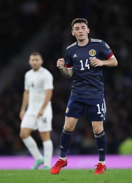 Billy Gilmour of Scotland is seen during the 2022 FIFA World Cup Qualifier match between Scotland and Israel at Hampden Park on October 09, 2021 in...