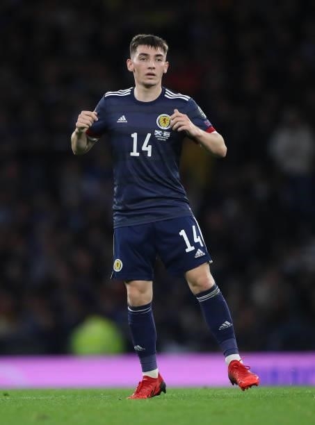 Billy Gilmour of Scotland is seen during the 2022 FIFA World Cup Qualifier match between Scotland and Israel at Hampden Park on October 09, 2021 in...